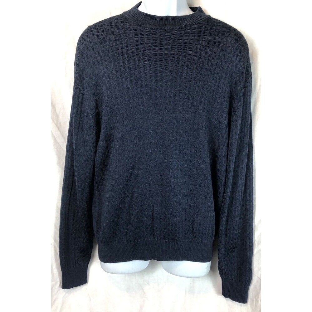 Barracuda Sweater L Dark Blue Geo Round Neck LongSleeve Rayon Silky Knit Classic